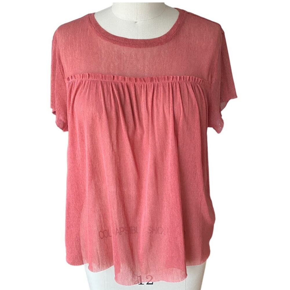 MASSINI Boho Spice Red Raw Edge Sheer Short Sleeve Bohemian Top ~ Womens Size XL